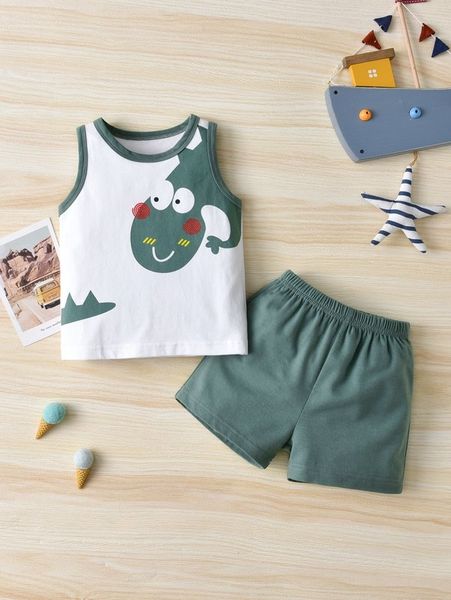 

baby cartoon graphic contrast binding tank & shorts she, White