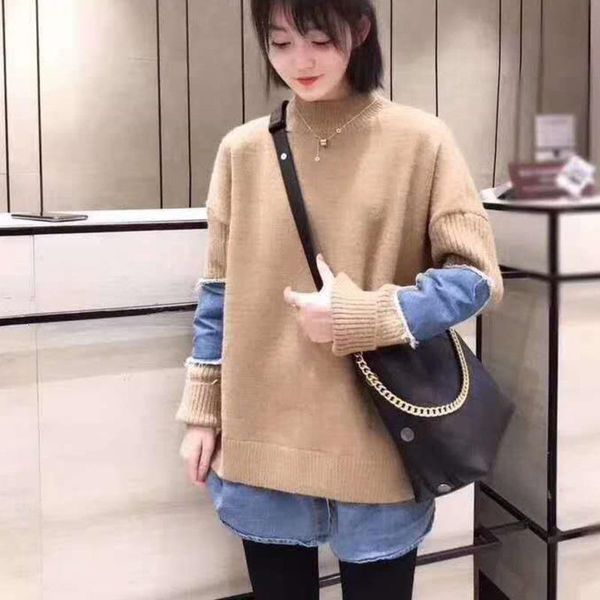 

ewq] 2021 spring autumn half turtleneck collar long sleeve denim patchwork knitting pullovers streetwear sweater women 19c a122, White;black