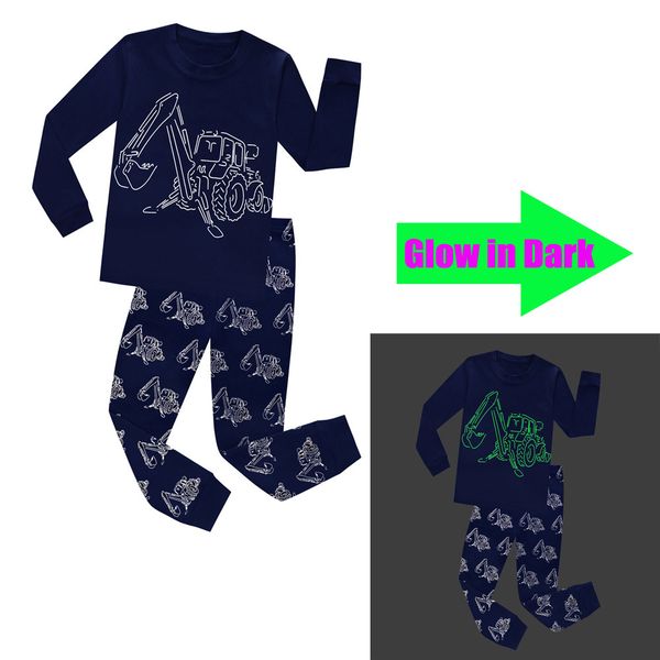 

boys excavator cartoon pajamas sets kids pyjamas glow in the dark baby pajamas sets kids pijamas children digger sleepwear c1019, Blue;red