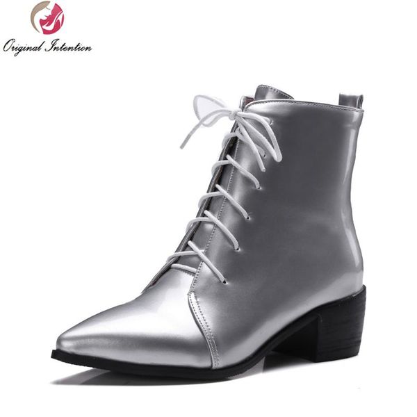 

boots original intention super fashion women ankle pointed toe square heels black grey silver shoes woman us size 4-15
