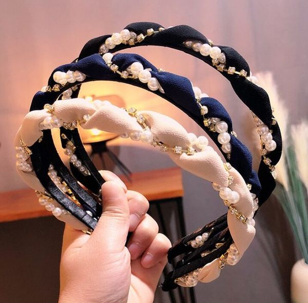 

women headbands braided pearl hair hoop korean version hairbands style rhinestone wrapped hair clip thin cute hair accessories, Black;brown