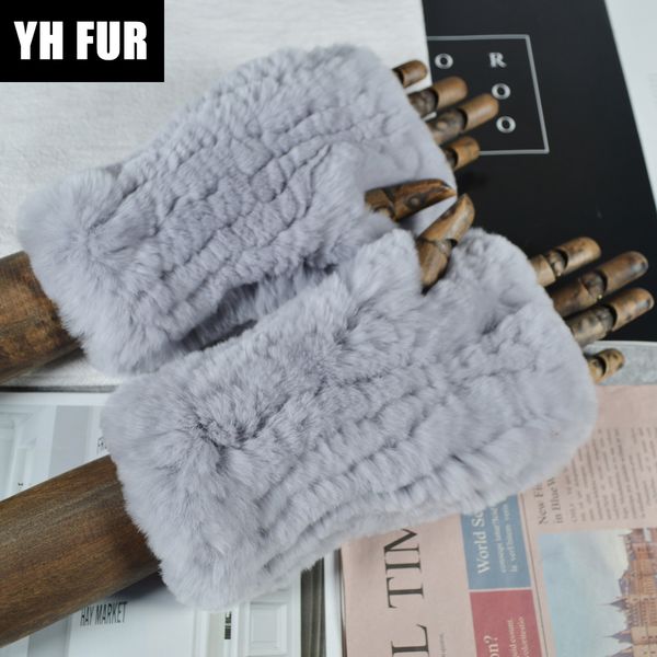 

new women 100% real genuine knitted rex rabbit fur mittens winter warm lady real rex rabbit fur gloves handmade real fur gloves 201020, Blue;gray