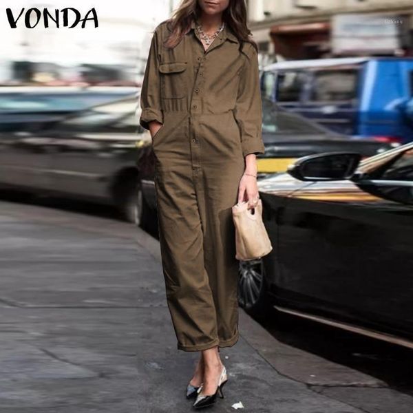 

women rompers 2020 vonda turn down neck long sleeve solid office rompers plus size elegant jumpsuits femme long playsuits1, Black;white