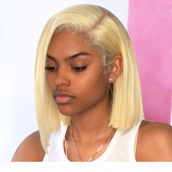 

mongolian full lace human hair wig with baby hair blonde straight lace front wig 613 short bob wig, Black;brown