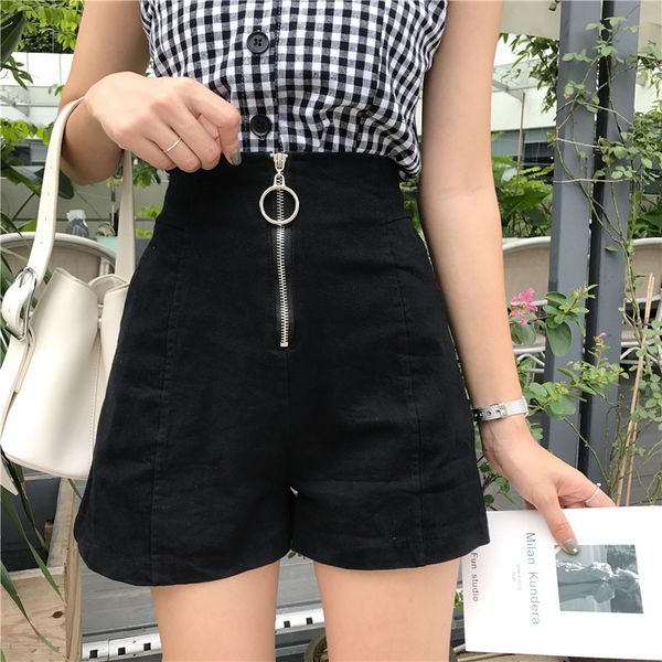 

summer shorts women solid color chic ring zipper female high waist loose punk shorts y200512, White;black