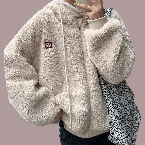 

2021 new autumn winter woman drop solid sheep wool femme up thicken casual oversize korean style female jacket outwear j3g3, Black;brown