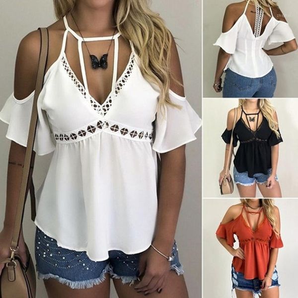

deep v neck backless vintage women summer blouse elegant ruffle off shoulder shirt female blouse1, White