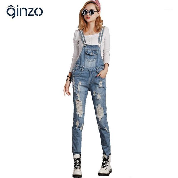 

women's casual loose plus size overalls lady's large size hole ripped jeans female jumpsuits denim long trousers, Blue