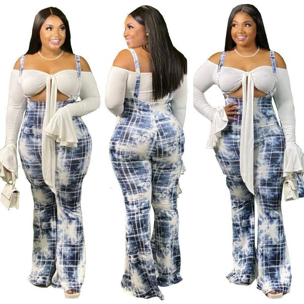 

xl--4xl casual home wear women tie-dye printed jumpsuits 2020 plus size lady's high waist bodycon suspender flared rompers, Black;white