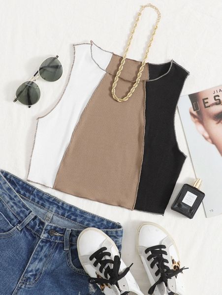 

stitch trim rib-knit colorblock tank u4ut#, White