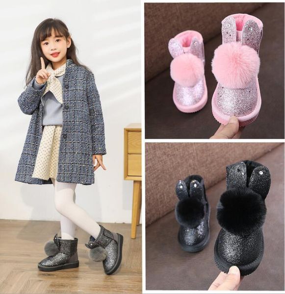 

2020 new winter girls snow kids leather rubber fur princess shoes baby girl boots size 26 -37, Black