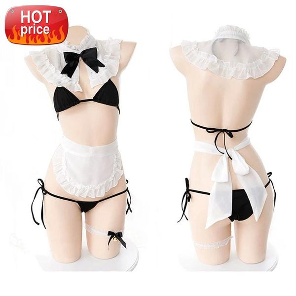 

japanese lovely kawaii maid lingerie cosplay half cup micro bikini g-string thong skirt full set erotic mistress outfit #vf1o, Black;white
