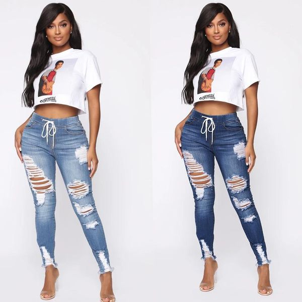 

fnoce 2020 new women's ripped jeans pants street fashion high waist hole hollow out tight stretch slim denim ankle-length pants, Blue