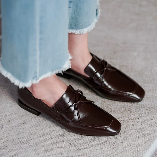 

2021 genuine heel down woman fall butterfly chunky knot jumps moccasins toe skid shoe proves stwh, Black