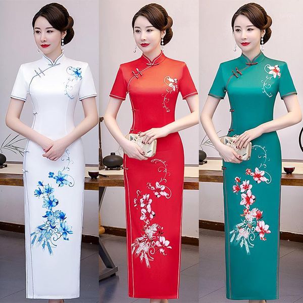 

ladies chinese clothing satin silk cheongsam china style elegant daily traditional dress mandarin collar long qipao1, Red