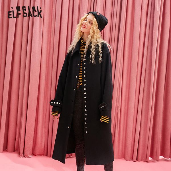 Elfsack preto sólido desenhos animados bordado lã lã casacos mulheres inverno botão único manga comprida aquecimento feminino outwear 210204