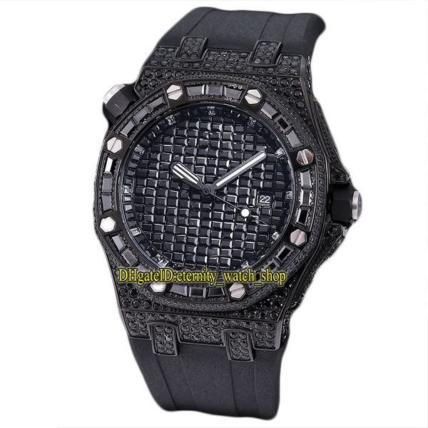 

twf b15452 paved diamonds japan miyota automatic mens watch full iced out gypsophila square cut diamond black dial ss15400 rubber strap eter, Slivery;brown