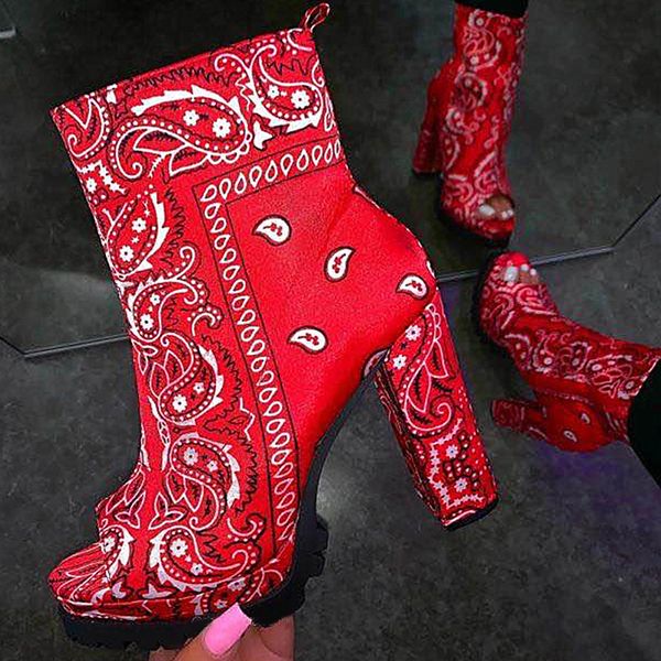 

2021 new autumn high heels graffiiti print open toe pumps ladies ankle boots platform women party shoes o307, Black