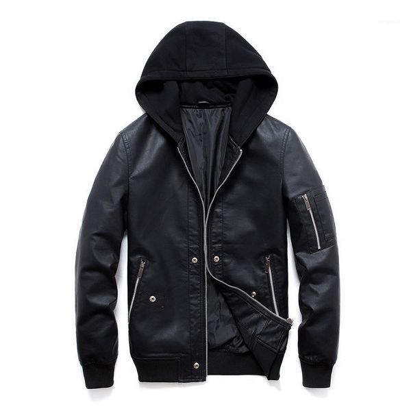 

2020 new leather jacket men knitted hooded pu coats slim fit trend men's leather jacket jaqueta de couro masculina1, Black