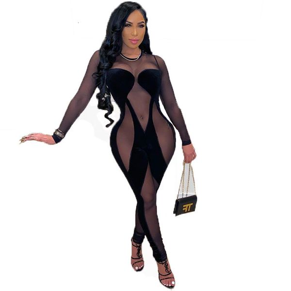 

spring velvet patchwork women jumpsuit mesh long sleeve clubwear one piece rompers skinny outfit skinny rompers for women hprh, Black;white