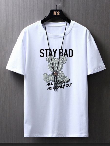 

men bear & slogan graphic tee d7en#, White;black