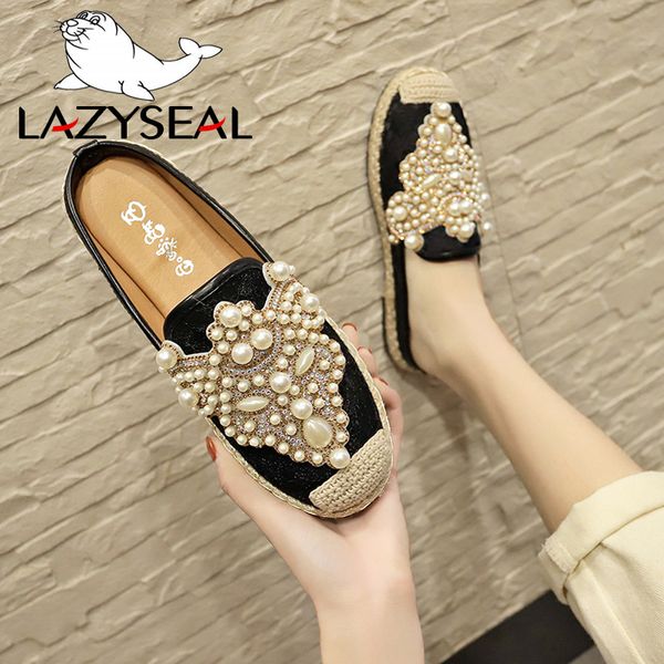 

lazyseal 2020 spring slides women shoes pearl loafers flat heel shoes lazy cane women string bead moccasin mules shoes for women x1020, Black