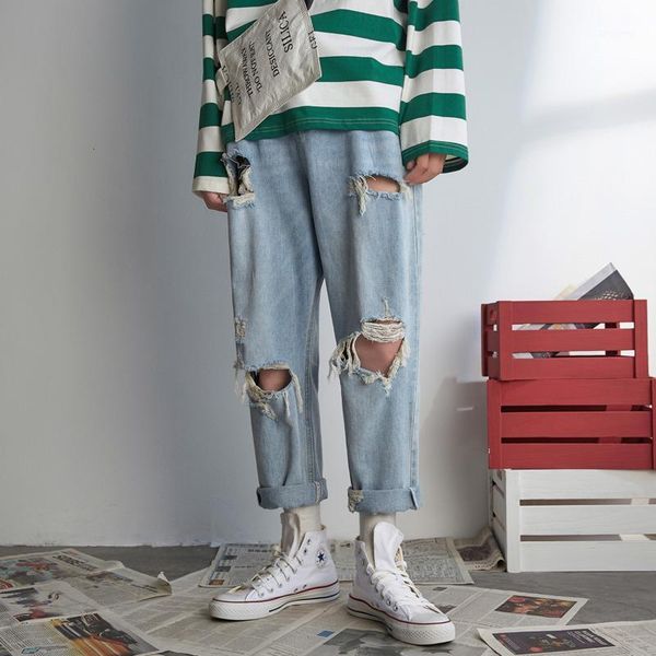 

nice autumn korean version of harajuku retro loose straight trend nine points wild street casual hole jeans1, Blue