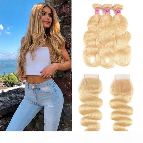 

tkwig 100 virgin human hair 3pcs 613 blonde color body wave with 4x4 lace closure lace for white women, Black;brown