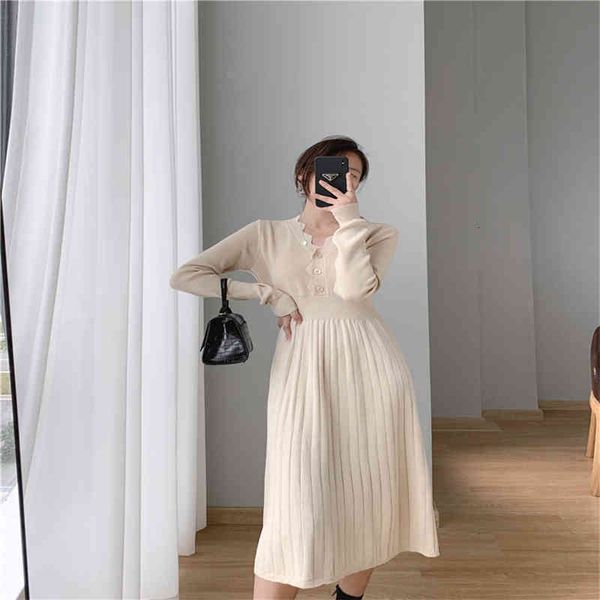 

one-piece korean knitted sweater dress womens autumn and winter waist long-sleeved bottoming knee-length casual dress, Black;gray