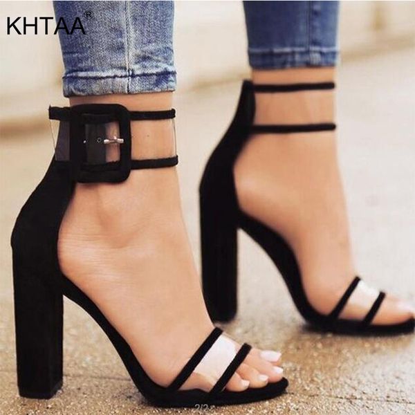 

khtaa women summer high heel sandals transparent ankle strap pumps cover heel fashion dancing shoes party wedding shoes y200702, Black