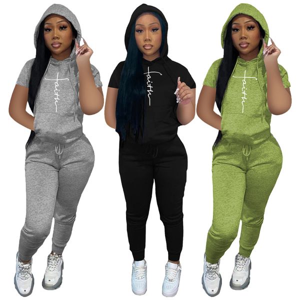 Großhandel Jogger-Anzüge Faith Outfits Damen Zweiteiliges Set Kurzarm-T-Shirt mit Kapuze Jogginghose Passendes Set Sommer-Trainingsanzüge Laufsportanzug Bulk 6926