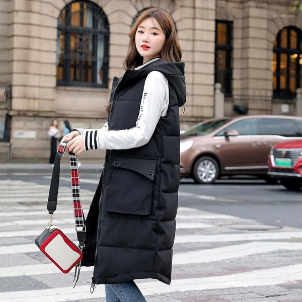 

2020 winter hooded long vest for women cotton padded black sleeveless jacket female big pockets casual thick women's parkas1, Black;white