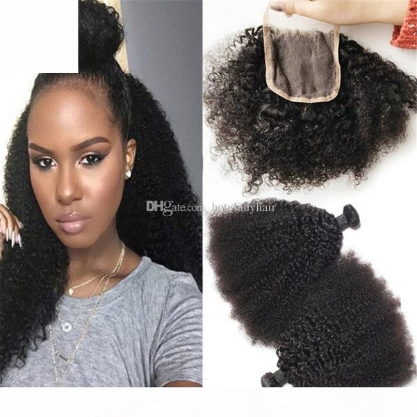 

brazilain human hair weave afro kinky curly with closure 4x4 natural color middle three part lace closure with bundles sale, Black