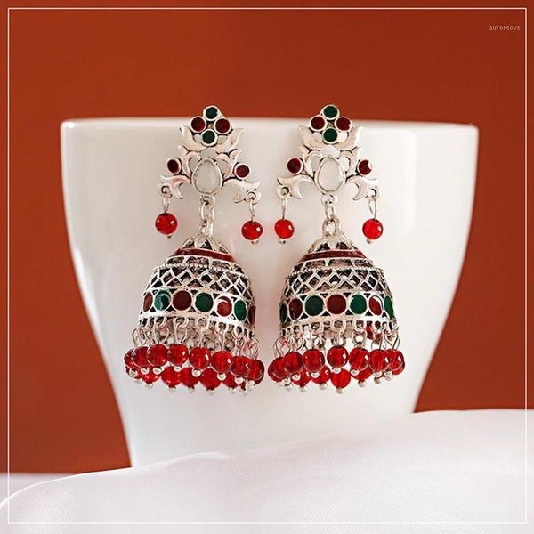 

vintage bollywood women's drip oil tree carved dangle jhumka earrings ethnic red beads tassel earring gypsy tribe jewelry1, Silver