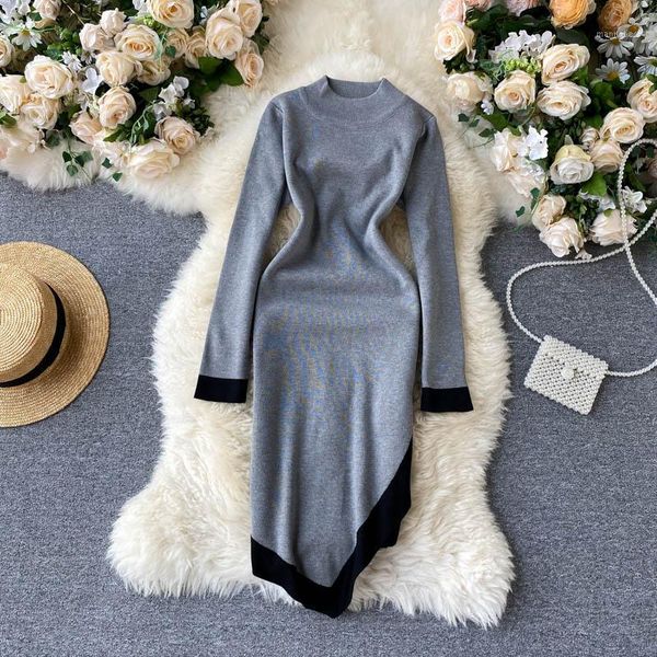 

slim patchwork autumn knitted sweater short irregular dress casual winter vestidos party dress women elastic asymmetrical1, Black;gray