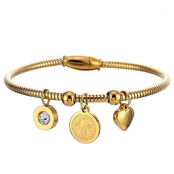 

religious san benito medal cross bracelet bangle gold heart stainless steel cz stone magnet wire bangles for women men jewelry1, Golden;silver