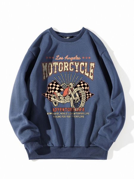 

slogan & motorcycle print thermal sweatshirt 308o#, White;black