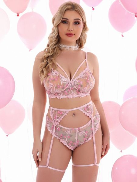 

3pack plus floral embroidery sheer mesh garter lingerie set 57ai#, Black;white