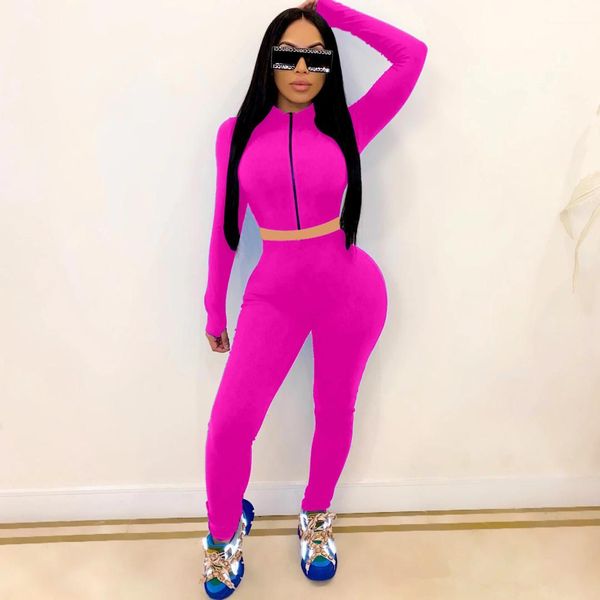 

sets stand collar zipper crop high waist fitness pants ladies solid two piece sets women skinny sport, White