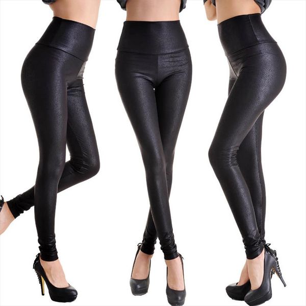 

highwaist shiny pu pvc metallic leather wetlook leather leggings stretch pants thigh high dropshipping drop shipping, Black