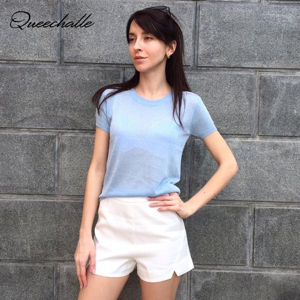 

queechalle knitted pullover women's casual round neck solid loose thin sweater female bright silk brief short sleeve women 1, White;black