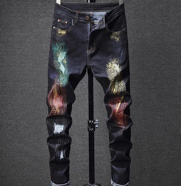 

italy new men's style hip-hop pants oiled painted ripped blue jeans slim fit scratched trousers #1631
