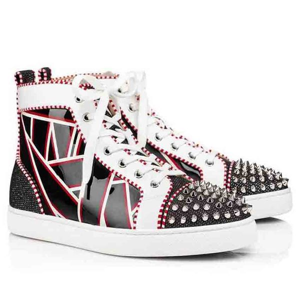 

paris red bottom high sneaker luxurys men basketball sports sneakers spikes orlato flat patent leather round toe flats lace-up trainers, Black