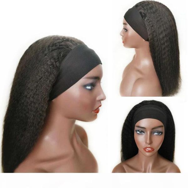 

headband wig kinky straight human hair raw indian remy natural wigs with head band full coarse yaki glueless non lace wig for black women, Black;brown
