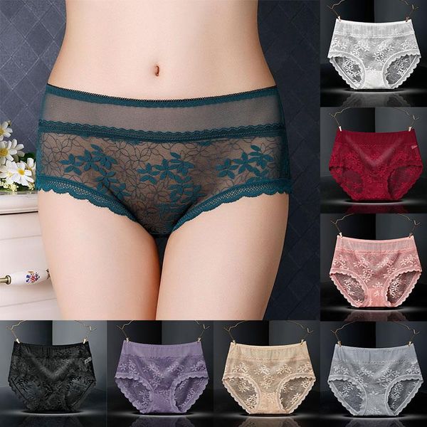 

women's panties intimate breathable lace underwear transparent spandex nylon soft high waist plus size, Black;pink