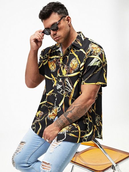 

extended sizes men tassel & chain print shirt m72d#, White;black