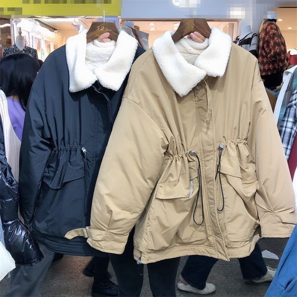 

ewq] 2020 autumn winter woman jacket new minimalist splicing belt khaki thick parka coat big size cotton-padded coats d257x1016, Black;brown