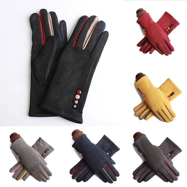 

five fingers gloves imitation cashmere full finger suede leather buttons riding cycling mittens single layer warm touch screen driving, Blue;gray