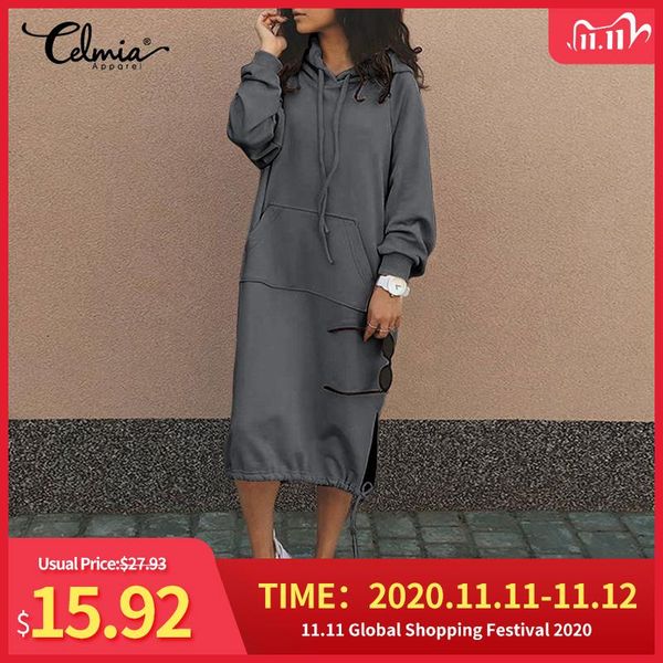 

celmia winter warm women hoodies sweatshirt dress 2021 fashion long sleeve fleece dresses solid drawstring hooded vestidos 5xl, Black;gray