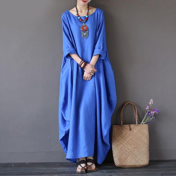 

ankle length kaftan womens maxi dress summer o neck long sleeve spring cotton linen gown robe dresses plus size large size dresses, Black;gray